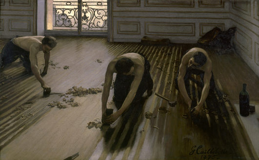 Gustave Caillebotte, i piallatori di parquet, 1875, olio su tela, 102 x 146.5 cm, Musée d’Orsay, Parigi.