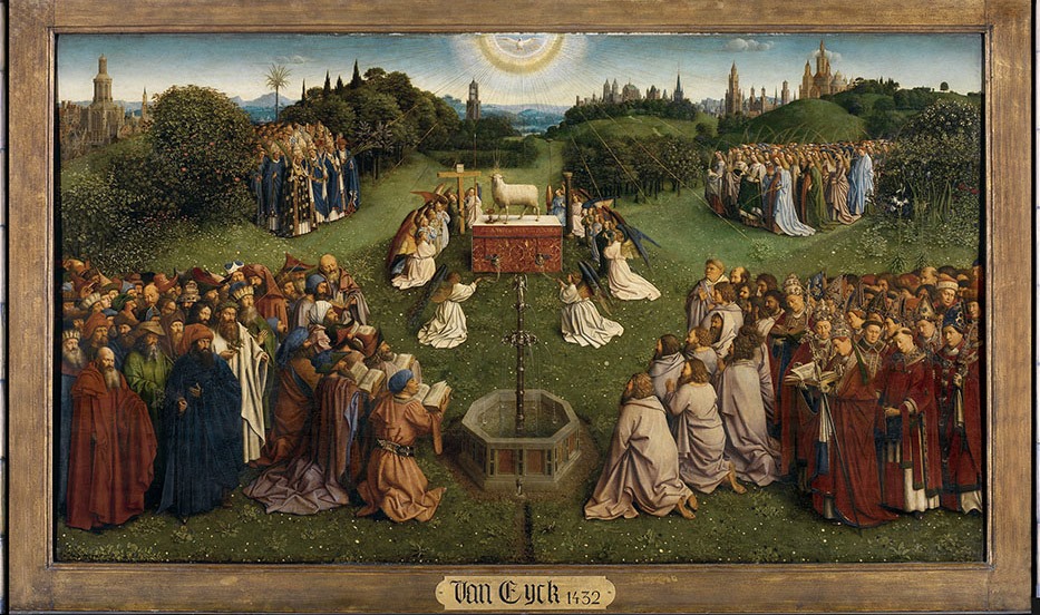 Hubert e Jan van Eyck, Polittico dell’agnello mistico, 1432, pannelli interni, particolare dell’Adorazione dell’agnello mistico