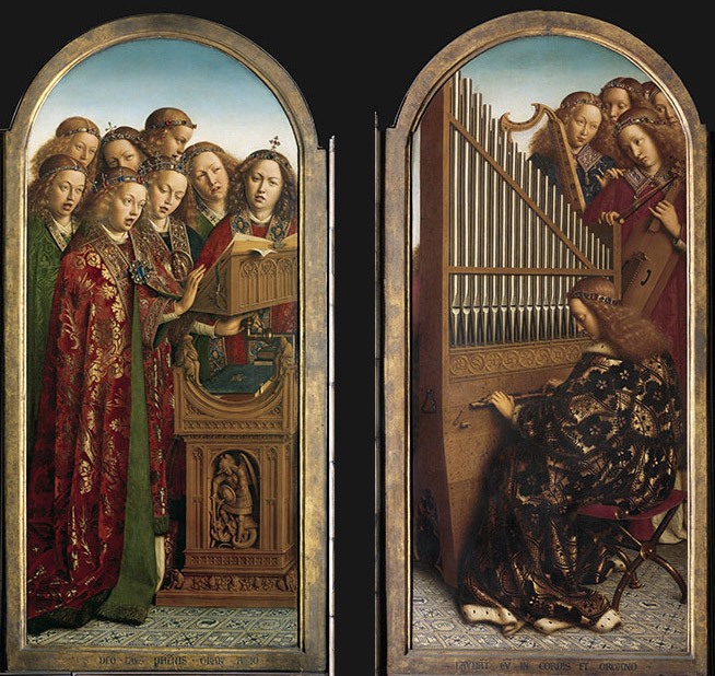 Hubert e Jan van Eyck, Polittico dell’agnello mistico, 1432, pannelli interni, particolare degli angeli musicanti
