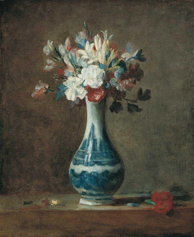 Chardin, Mazzo di garofani, tuberose e piselli odorosi in un vaso di maiolica bianca a motivi blu