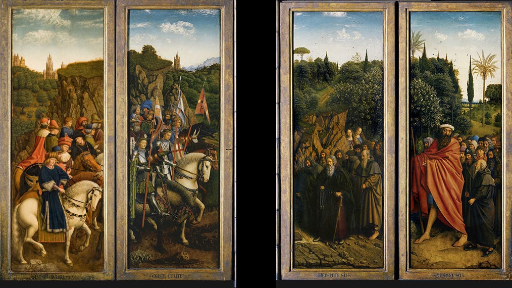Hubert e Jan van Eyck, Polittico dell’agnello mistico, 1432, pannelli interni, particolare del corteo del registro inferiore