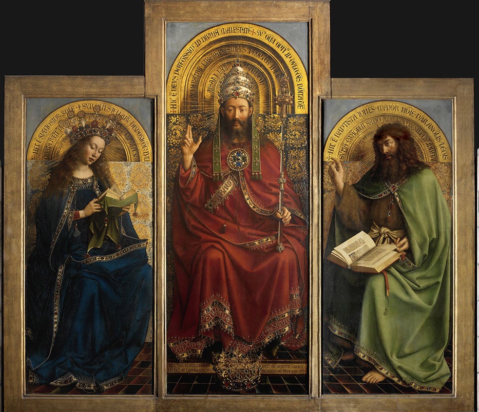Hubert e Jan van Eyck, Polittico dell’agnello mistico, 1432, pannelli interni, particolare di Dio, la Vergine e il Battista in trono