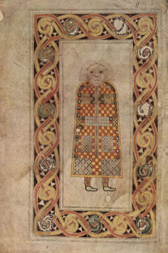 Evangelario di Durrow, seconda metà VII sec., monastero di Durrow in Irlanda, pergamena, Scrittura: maiuscole irlandesi arcaica, Ubicazione Trinity College Library di Dublino (Ms. 57)