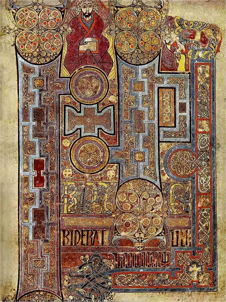 Il Libro di Kells (Leabhar Cheanannais in Gaelico, Book of Kells in inglese), conosciuto come Grande Evangeliario di san Columba, Folio 29r , tempera su pergamena, scrittura insulare, 33 × 25,5 cm, Manuscripts & Archives Research Library, Trinity College Dublino, 800 circa.