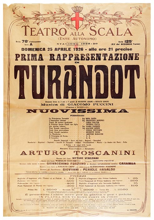 Poster della prima alla Scala di Milano de La Turandot di Giacomo Puccini