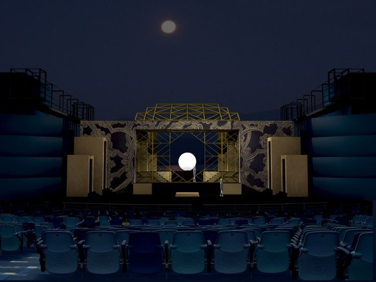 Ricostruzione in 3d della scena con la luna centrale dalla quale spunterà Turandot