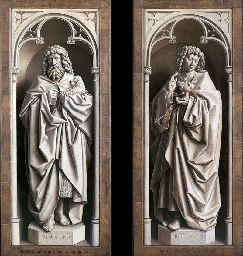 Hubert e Jan van Eyck, Polittico dell’agnello mistico, 1432, pannelli esterni, particolare dei due San Giovanni