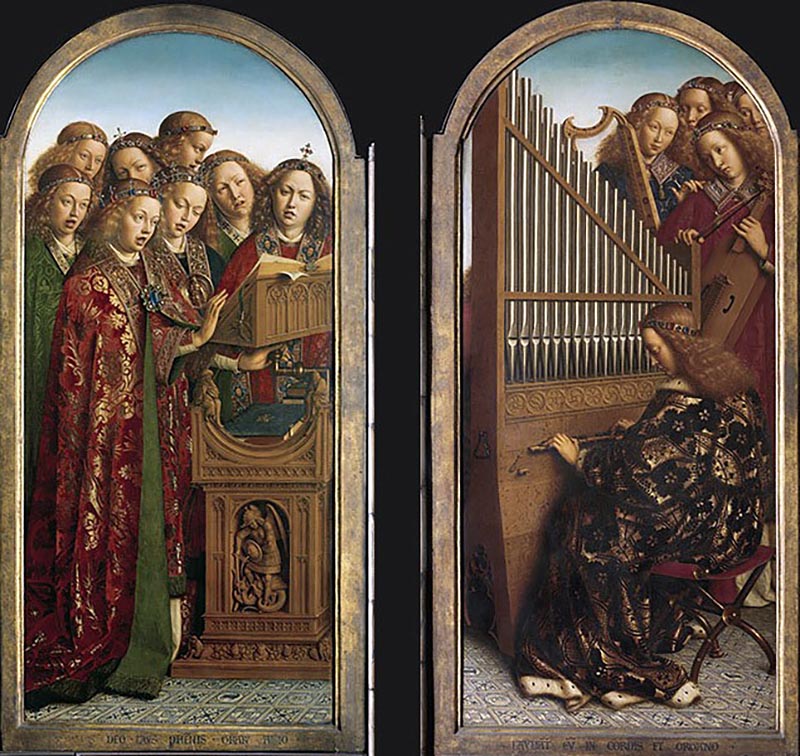 Hubert e Jan van Eyck, Polittico dell’agnello mistico, 1432, pannelli interni, particolare degli angeli musicanti
