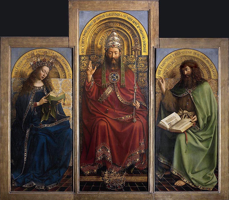 Hubert e Jan van Eyck, Polittico dell’agnello mistico, olio su tavola, 1432, 258x375 cm, cattedrale di S. Bavone, Gand