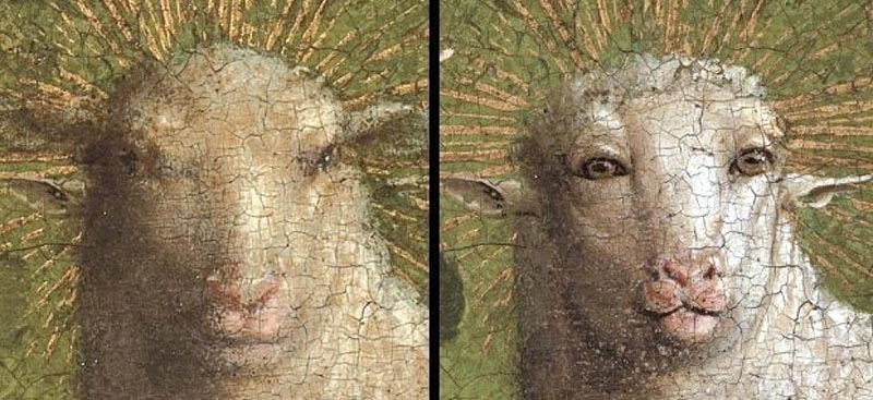 Polittico dell'Agnello Mistico, confronto dell'agnello prima e dopo il restauro