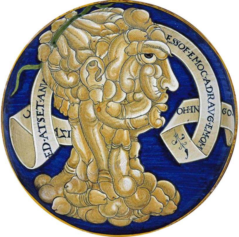 Francesco Urbini, Piatto con testa composita di falli (1536; maiolica, diametro 23,3 cm, altezza 6,1 cm; Oxford, Ashmolean Museum)