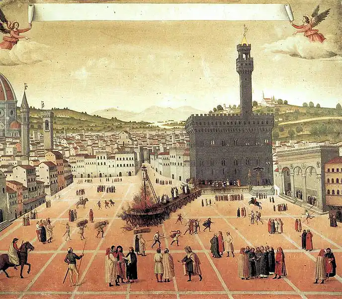 Anonimo, Il rogo di Girolamo Savonarola in Piazza della Signoria in Firenze nel 1498