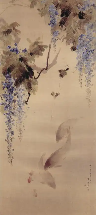 Watanabe Seitei, Estate. Glicine in fiore e pesci, 1891, cartiglio appeso, inchiostro e
colore su seta, Museo Nazionale di Cracovia