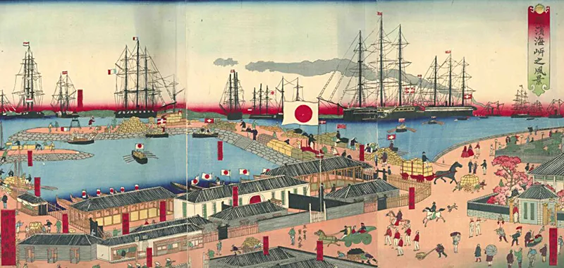 Gountei Sadahide Utagawa, Panorama della costa di Yokohama, Collezione Mazzocchi