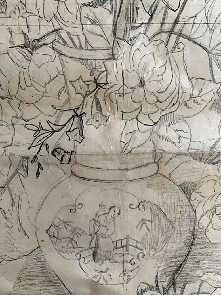 EVA DEA, Disegno di fiori in vaso dall’influsso giapponista, carta e grafite